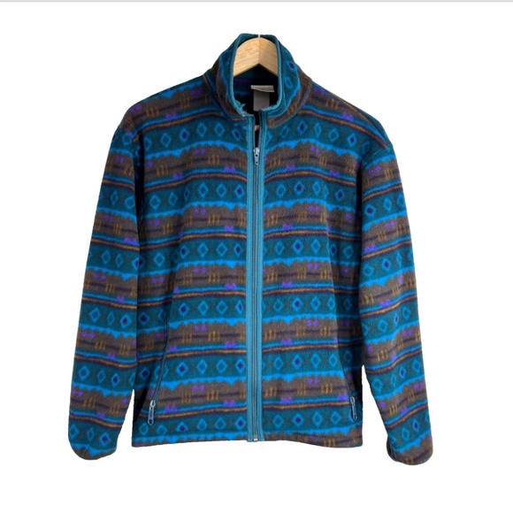 VTG 90s LL Bean Aztec Fleece Jacket Womens S Teal Gorpcore Pockets Hiking Zip - Picture 1 of 11